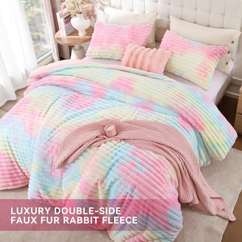 Smoofy Fluffy Full Size Comforter 3 PCS - Rainbow Fleece Bedding Set