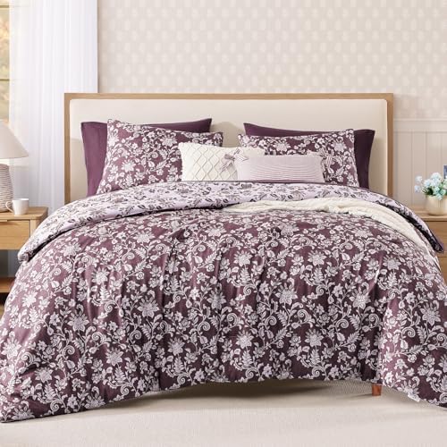 BLOOMHAVEN King Size Comforter Set-7 Pieces Purple Floral Bed in a Bag King