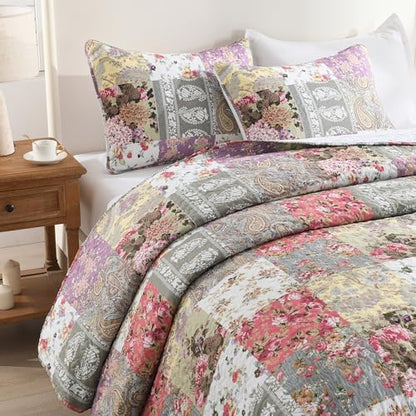 HIARUO Quilt Set Queen Size, 3 Pieces Bedspread Coverlet Plaid Patchwork Quilt Farmhouse Queen Size Comforter Set Lightweight Bedding with 2 Pillow Covers Shams for All Season Floral Red Purple