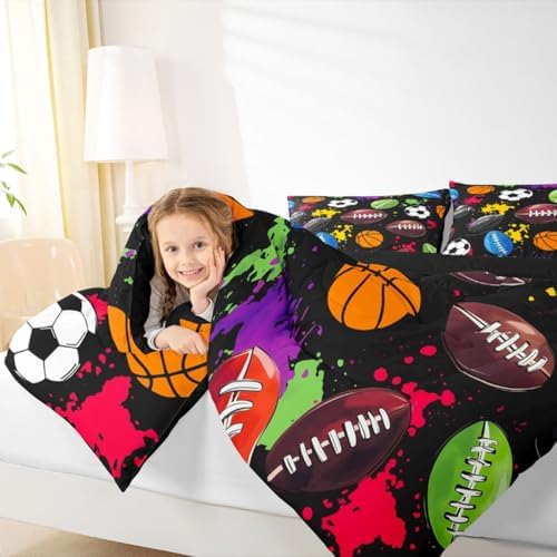 jejeloiu Sports Theme Kids Comforter Set King Size Soccer Basketball Baseball Football Bedding Set Ball Games Duvet Quilt for Kids Boys Girls Bedroom Splash Ink Ball Games Decor Microfiber Ultra Soft