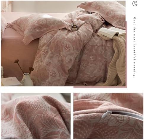 VM VOUGEMARKET Blush Pink Flower Duvet Cover Set Queen,3 Pieces Retro Jacquard Pink Floral Bedding Set,Linen Cotton Yarn-Dyed Textured Duvet Cover with Zipper Closure