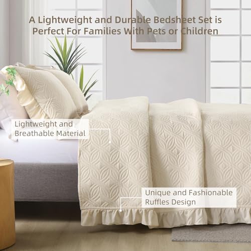 DJY Queen Size Quilt Sets, Beige Soft Bed Summer Quilt, Ruffled Bedding Set