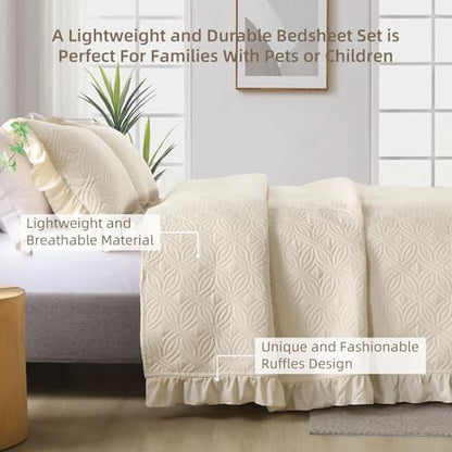 DJY Queen Size Quilt Sets, Beige Soft Bed Summer Quilt, Ruffled Bedding Set