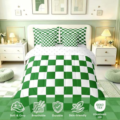 Feelyou Checkered Retro 7 Piece Bedding Set Teen Women Men Green White Plaid Comforter Set with Sheets Full Size Kids Boys Geometric Vintage Bed in a Bag Modern Simple Groovy Aesthetic Room Decor