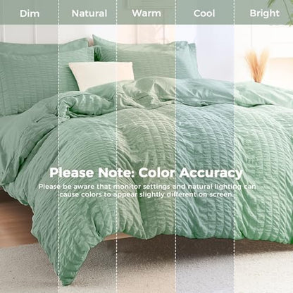 HYMOKEGE Sage Green King Size Comforter Set Seersucker 7 Pieces, All Season Luxury Bed in a Bag for Bedroom, Bedding Set with Comforters, Sheets, Pillowcases & Shams