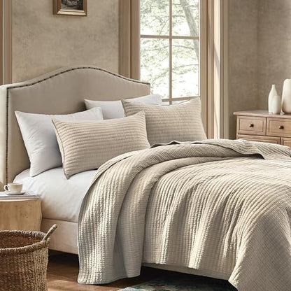 WDCOZY 100% Cotton Queen Size Quilt Set, Channel Pick Stitch, Beige Flax