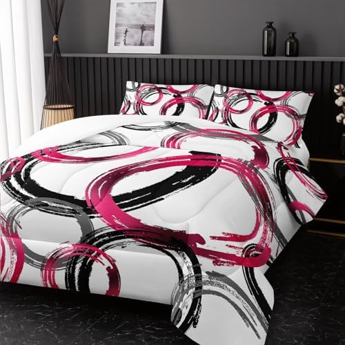 Nttopship Geometric Circle Comforter Set Pink Grey Black Geometric Bedding Set for Boys Girls Teens Retro Circle Swirls Bedding Set Bedroom Decor Modern Abstract Art Duvet Set Room Decor King Size