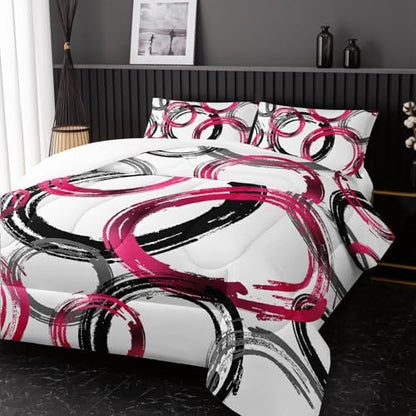 Nttopship Geometric Circle Comforter Set Pink Grey Black Geometric Bedding Set for Boys Girls Teens Retro Circle Swirls Bedding Set Bedroom Decor Modern Abstract Art Duvet Set Room Decor King Size