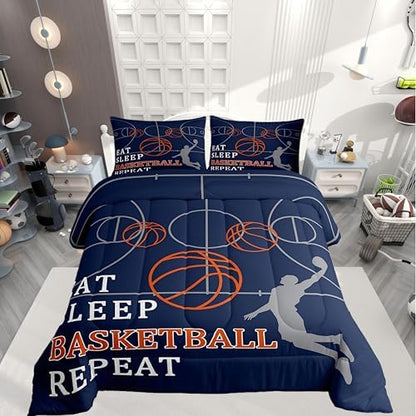 Castle Fairy Basketball Comforter Set with 2 Pillowcases,Basketball Court Super Soft Microfiber Bedding Set for Adults Teens,Ball Sports Games Navy Blue Duvet Set for Room Decor,King