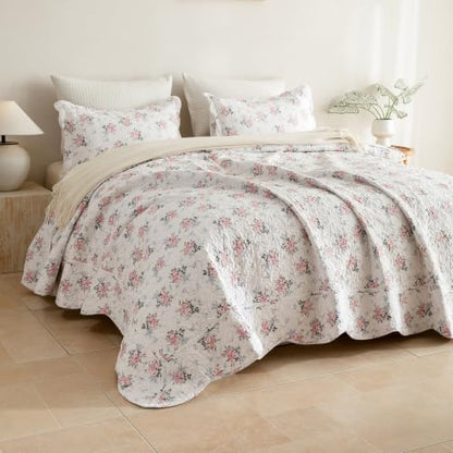 Lady Ann Cotton Floral Quilt Twin Size(68"x86"), Blush Pink Rose Pattern Printed Bedspread Set, 2 Pcs Lightweight Farmhouse Quilted Bedding Set for All Season,