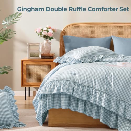 Full Size Comforter Set Blue Gingham Ruffle 7 Pieces Farmhouse Bed in a Bag