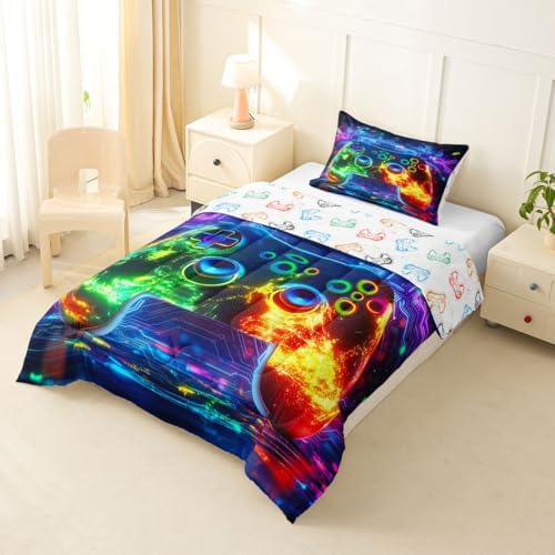 Erosebridal 3D Modern Gamer Comforter Set Gamer Controller Girl Toddler Bedding Set for Tween Boys Girls Geometric Neon Gaming Comforter Video Game Consoles Quilt,Boys Room Decor