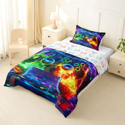 Erosebridal 3D Modern Gamer Comforter Set Gamer Controller Girl Toddler Bedding Set for Tween Boys Girls Geometric Neon Gaming Comforter Video Game Consoles Quilt,Boys Room Decor