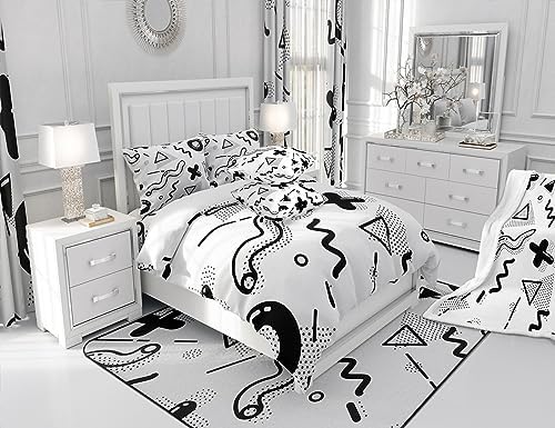Manfei Memphis Comforter Set Queen Size, Retro 80s 90s Fashion Style Quilt Set with 2 Pillowcases, Geometric Black White Bedding Set 3pcs for Kids Boys Room Decor Lightweight Duvet Insert