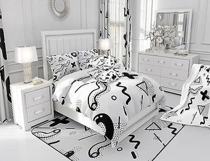 Manfei Memphis Comforter Set King Size, Retro 80s 90s Fashion Style Quilt Set with 2 Pillowcases, Geometric Black White Bedding Set 3pcs for Kids Boys Room Decor Lightweight Duvet Insert