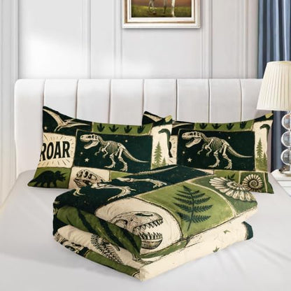 BSNTHO Dinosaurs King Size, Comforter Set Green Print Kids Comforter 3Pcs
