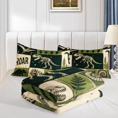 BSNTHO Dinosaurs Comforter Set Twin Size, Green Kids Comforter 3Pcs