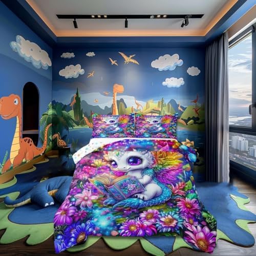 Cartoon Dragon Bed Comforter Set Queen Size,Western Wildlife Animal Super Soft Microfiber Bedding Set for Adults Teens,Watercolor Flowers Comforter Set,2 Pillowcases