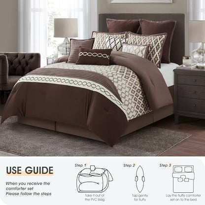 LANCO MODERN LIFESTYLE California King Comforter Set, Brown, 10 Piece Bed in a Bag for All Seasons, Luxury Extreme Comfort Bedding Sets with Bedskirt, Pillow Shams, Euro Shams and Decor Pillows