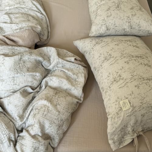 VM VOUGEMARKET Beige Ink Bamboo Print Double Layer Cotton Duvet Cover Set Twin,Natural Crinkled Cotton Muslin Bedding Set,Vintage Oriental Botanical Comforter Cover with Bow Ties