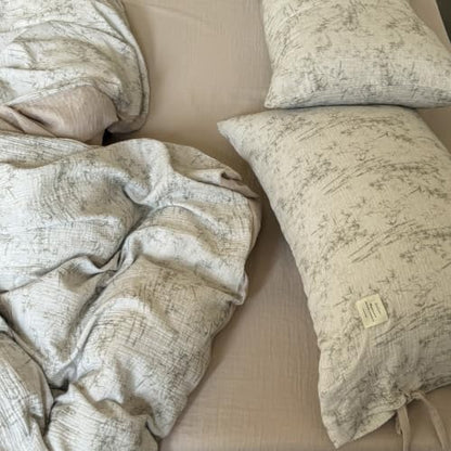 VM VOUGEMARKET Beige Ink Bamboo Print Double Layer Cotton Duvet Cover Set Twin,Natural Crinkled Cotton Muslin Bedding Set,Vintage Oriental Botanical Comforter Cover with Bow Ties