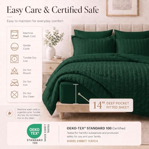 CozyLux California King Comforter Set Emerald Green Seersucker Bed in a Bag