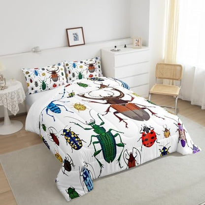 Feelyou Kids Bug Comforter Queen Boys Flying Bugs Pattern Comforter Set for Girls Children Colorful Beetle Collection Decor Bedding Set Soft Lightweight Nature Animal Bed Set 1 Comforter 2 Pillow Case