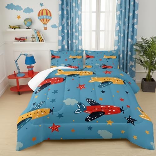 Kids Aeroplane Comforte Set Twin，Blue Airplane Bedding for Boys，Cute Star Quilt Pattern，Cute Bedroom Decor for Kids，1 Comforter 2 Pillow Cases