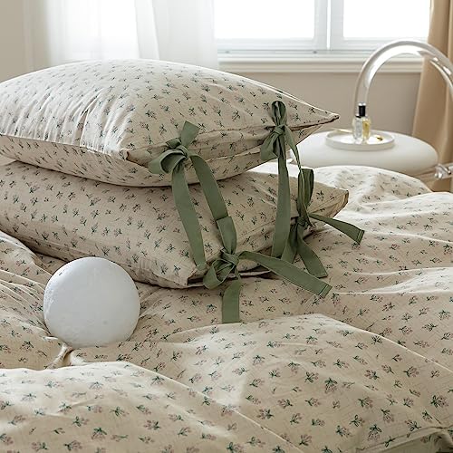 LifeTB Green Flower Comforter Set Twin XL Vintage Floral Comforter with 2 Bow Ties Pillowcases Soft Fluffy Cottagecore Bedding Set for Girls Women Botanical Bedding Comforter Set for All Season