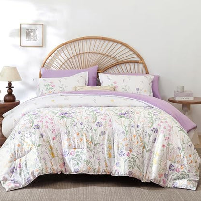 Yiran Purple Floral Comforter Set Queen Size, 7 Piece Cute Flower Comforters Bed in a Bag Lavender, Soft Microfiber Complete Aesthetic Botanical Bedding Set with Sheets for Women Girls