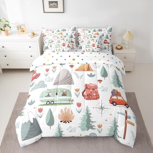 Erosebridal Kids Camper Theme 7 Pcs Comforter Set King Bed in a Bag,Happy Camping Bedding Set,Travel Car Rv Accessories Down Comforter,Botanical Flowers Mountain Adventure Quilt,Cute Camper Sheets