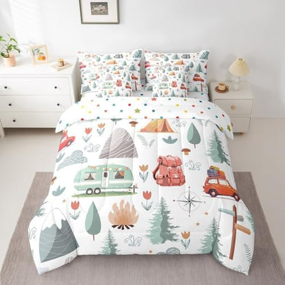 Erosebridal Kids Camper Theme 7 Pcs Comforter Set King Bed in a Bag,Happy Camping Bedding Set,Travel Car Rv Accessories Down Comforter,Botanical Flowers Mountain Adventure Quilt,Cute Camper Sheets