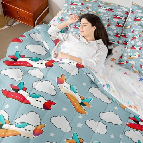 Erosebridal Cartoon Airplane Queen 7 Pcs Bedding Set for Kids, Cute Aircraft Comforter Set with Sheets for Boys Girls Child Teens Adults Bedroom, White Cloud Bed in A Bag, Star Print Bed Sets