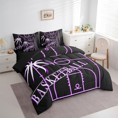 Teens Basketball Twin Comforter Set 7 Pieces for Boys Sports Bedding Comforter Sets, Black Purple Basketball Court Bed in a Bag Ball Gaming Bedding Set, Sport Gamer Bed Sheets Set (Black Reversible)