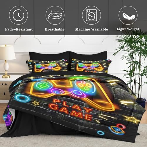 WeCozy Queen Size Gaming Comforter Set, Video Game Gamepad 7 Pcs Bedding for Kids and Teens, Game-Themed Gamer Boys Room Decor with Flat, Fitted Sheet