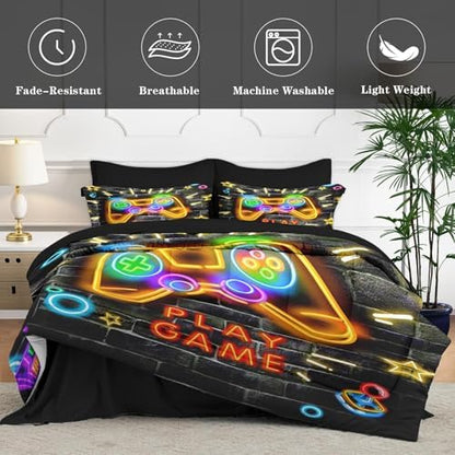 WeCozy Queen Size Gaming Comforter Set, Video Game Gamepad 7 Pcs Bedding for Kids and Teens, Game-Themed Gamer Boys Room Decor with Flat, Fitted Sheet