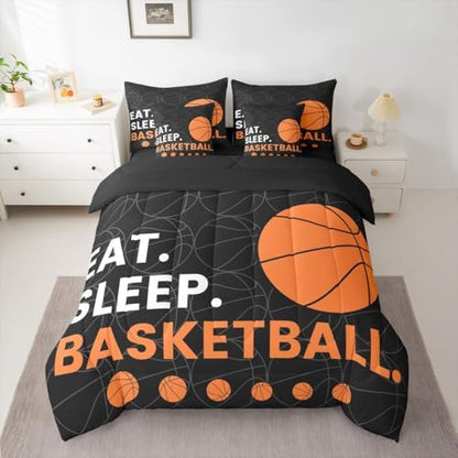 Erosebridal Boys Basketball Gaming Theme Comforter Set Queen Size 7 Pieces | Sports Kids Teens Bed in A Bag Games Pattern Bed Set Black Grey Bedding