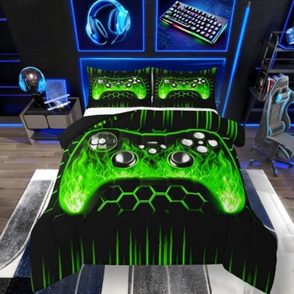 Erosebridal Ombre Art Honeycomb Gaming Bedding Set Green Neon Lights Game Console Toddler Bedding Sets for Boys Geometric Hexagon Beehive Quilt Set Gamer Room Decor for Boys