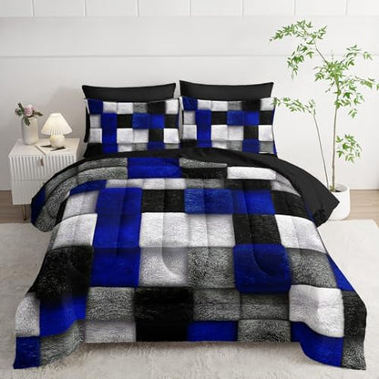7 Piece Black White Blue Checkered King Size Comforter Set with Sheets，King Size Quilt Bedding Set Checkered，(1 Comforter, 1 Flat Sheet, 1 Fitted Sheet, 2 Pillowcase and 2 Pillow Sham)
