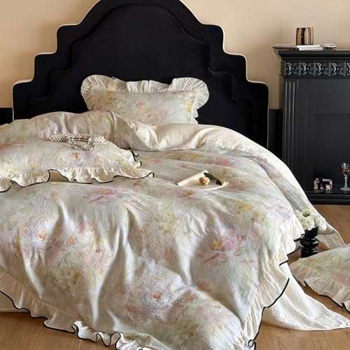 VM VOUGEMARKET Muslin Cotton Duvet Cover Queen Chic Floral Duvet Cover with Romantic Ruffles Soft Linen Like Gauze Comforter Cover with Zip Closure and Corner Ties- 90"x90"