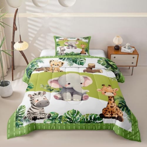 Feelyou Cartoon Animals Comforter Set Toddler Size Cute Elephant Zebra Leopard Giraffe Bedding Set for Kids Boys Girls Palm Leaves Duvet Quilt Bedroom Decor Microfiber 2 Pcs with 1 Pillow Case