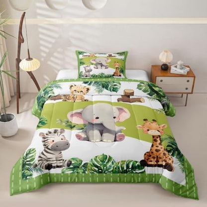Feelyou Cartoon Animals Comforter Set Twin Size Cute Elephant Zebra Leopard Giraffe Bedding Set for Kids Boys Girls Palm Leaves Duvet Quilt Bedroom Decor Microfiber 2 Pcs with 1 Pillow Case
