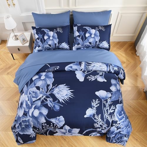 Luxudecor Floral Comforter Set King Size 7 Piece, Navy Blue Flower Bed in a Bag, Elegant Floral Comforter with Sheet Set, Soft Microfiber Bedding Set for All Season (Navy Blue, 104"x90")