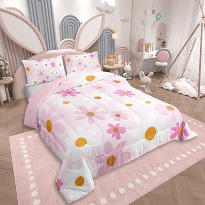 jejeloiu Cute Flower Comforter Set King Size Pink White Daisy Bedding Set for Kids Boys Girls Blossom Flowers Pattern Duvet Quilt Kawaii Bedroom Decor Microfiber 3 Pcs with 2 Pillow Cases