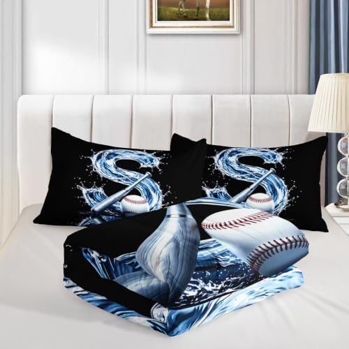 BSNTHO Baseball Queen Size, Comforter Set Black Kids Comforter 3Pcs