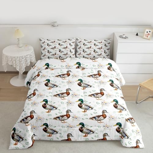 jejeloiu Mallard Duck Comforter Set Queen Size Hunting and Fishing Bedding Set for Kids Boys Girls Wild Animal Duvet Quilt Bedroom Decor Microfiber 3 Pcs with 2 Pillow Cases