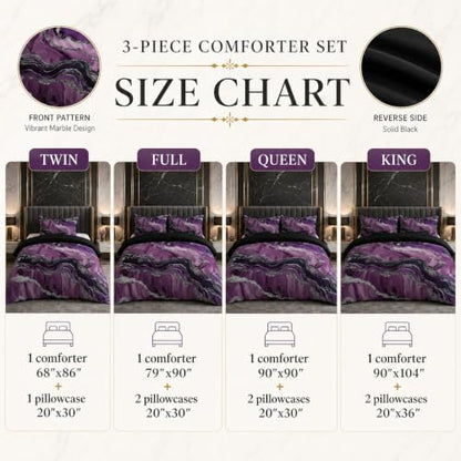 CCoutueChen Black Purple Marble Comforter Set Full Size, Modern Style