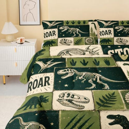 BSNTHO Dinosaurs Queen Size, Comforter Set Green Print Kids Comforter 3Pcs