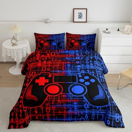 Feelyou Red and Blue Gamer Comforter Set Toddler Size, Gamer Bedding Set for Kids Game Comforter Gaming Duvet Set Game Room Decor 2Pcs