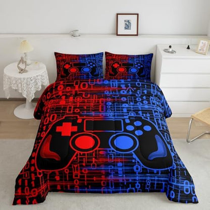 Feelyou Red and Blue Gamer Comforter Set Toddler Size, Gamer Bedding Set for Kids Game Comforter Gaming Duvet Set Game Room Decor 2Pcs